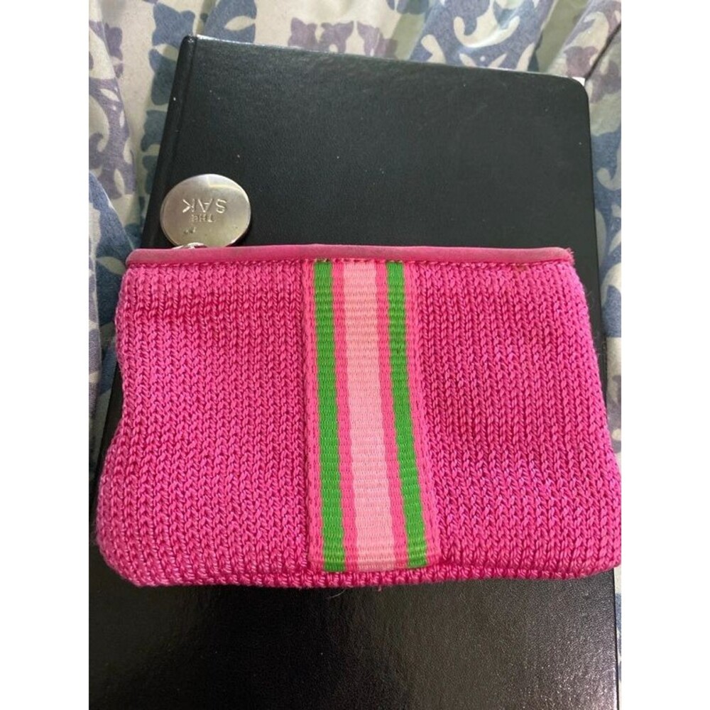 The Sak crochet coin purse hot pink green strip
